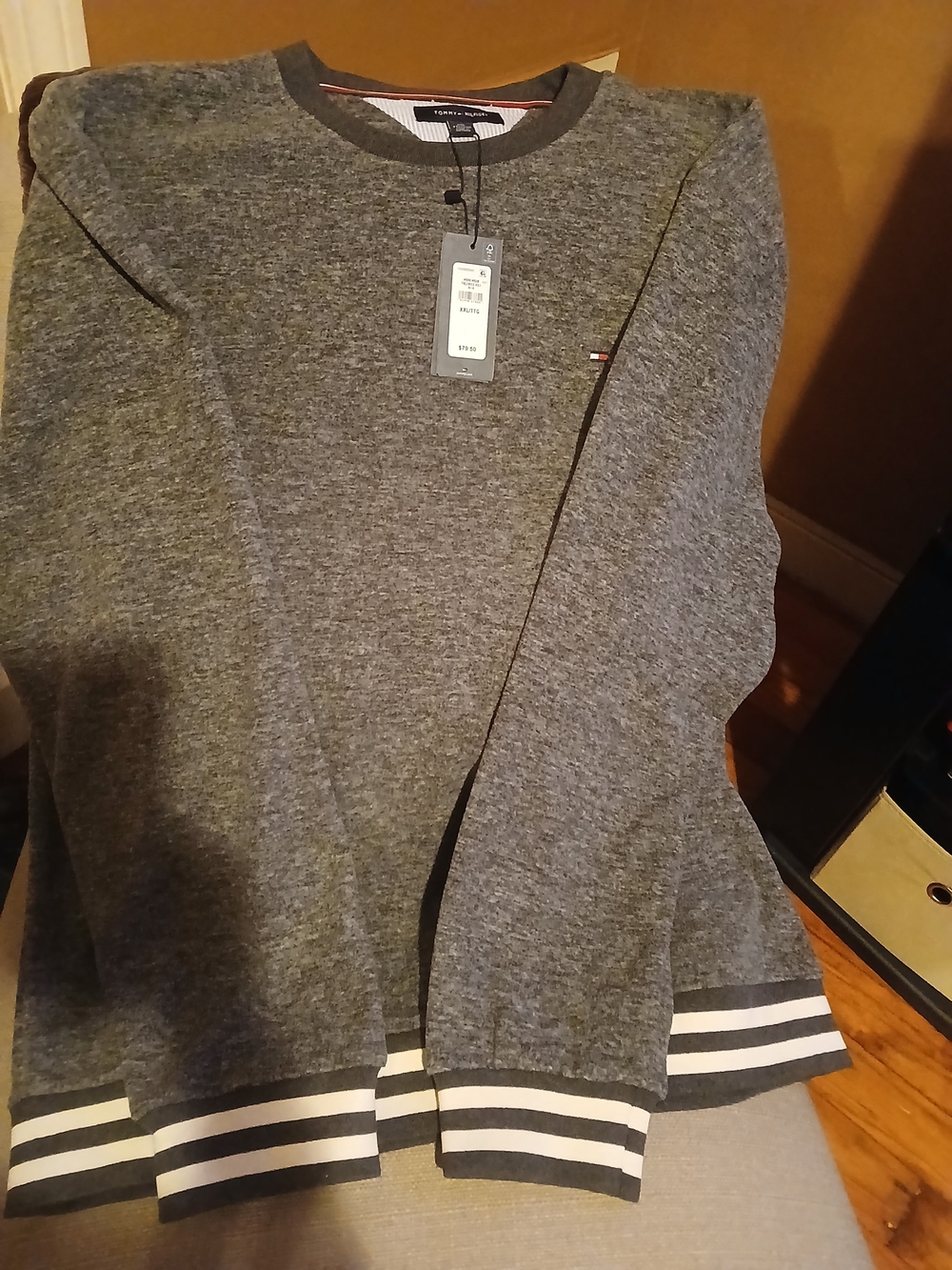 Tommy Hilfiger Heather Gray Crewneck Sweater with Black & White Stripe Trim